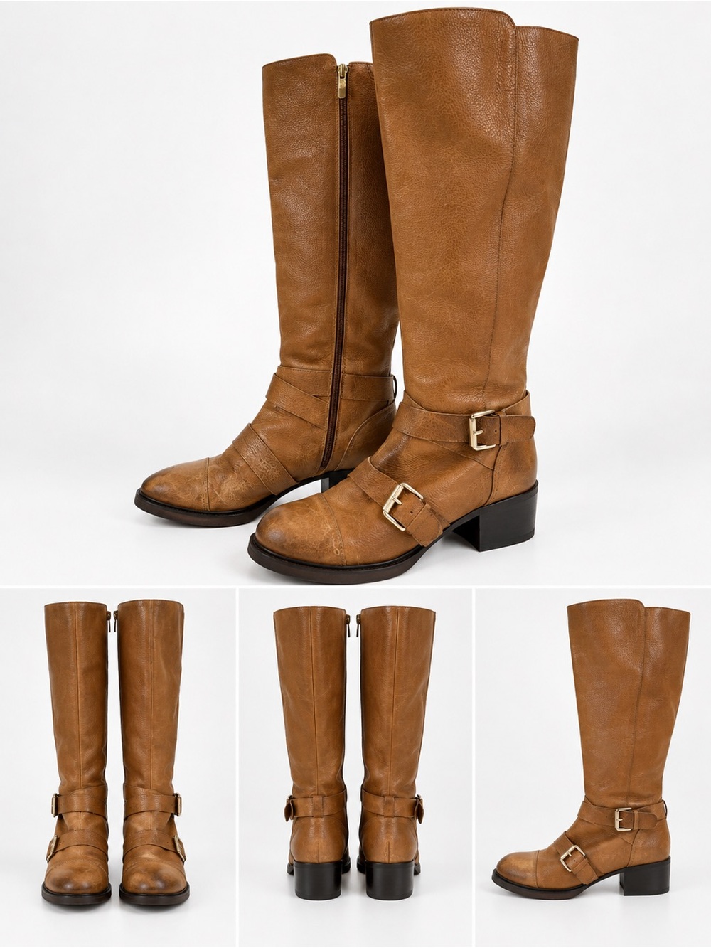 BCBG Marisol Cognac Stardust Leather Tall Buckle Riding Boots Size 11B